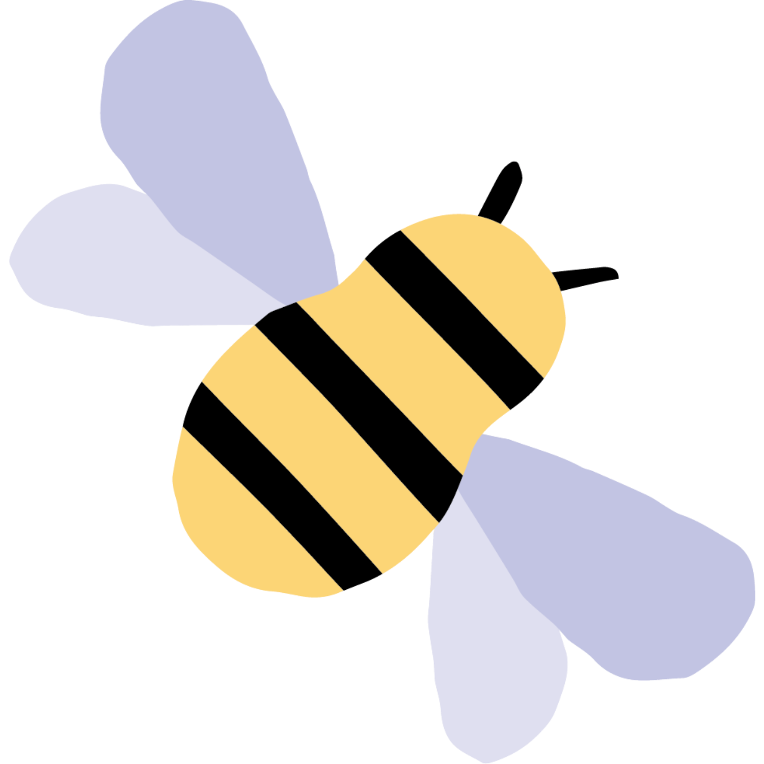 Illustration of a bee with blue wings and black and yellow striped body, facing right.