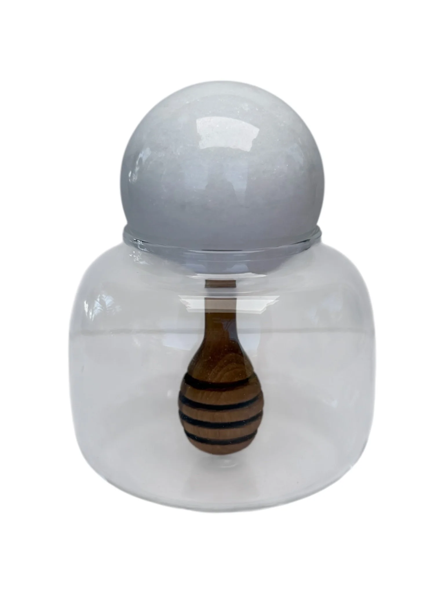 White Marble Glass Honey Pot with Inset Wood Honey Dipper