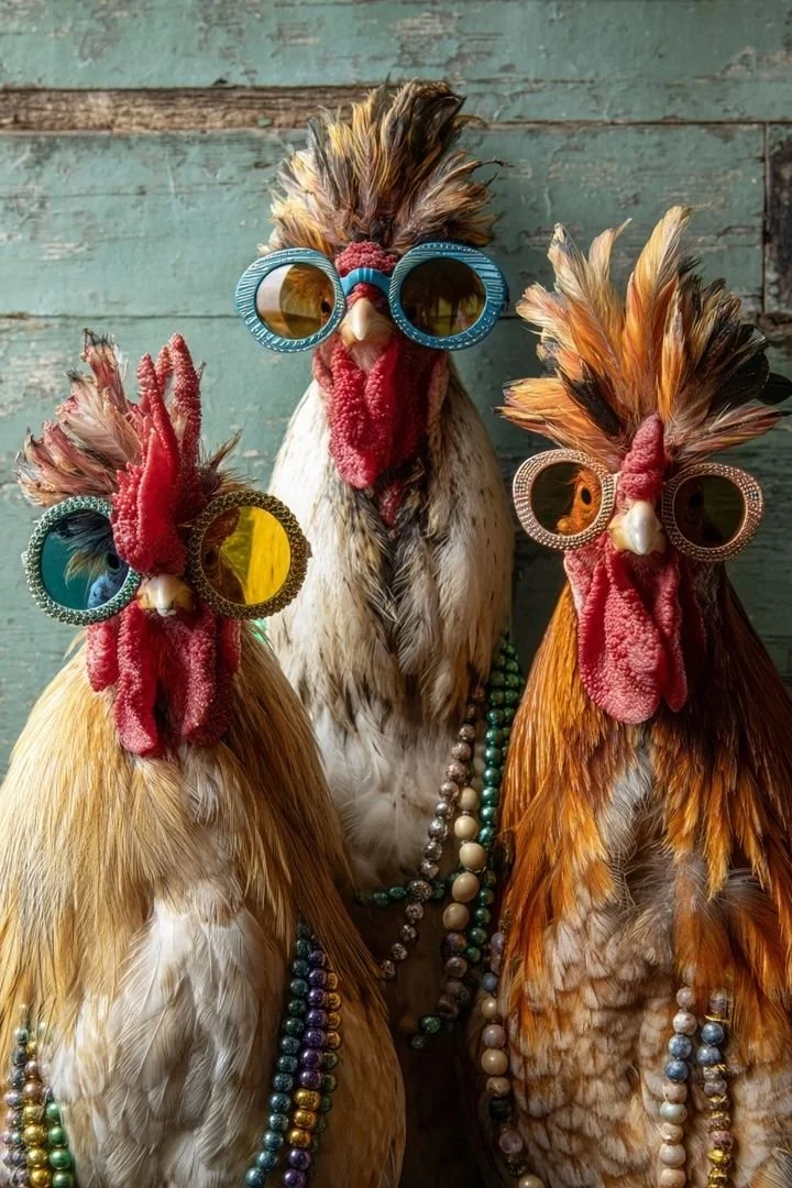 Three chickens wearing colorful sunglasses and necklaces, standing in front of a rustic wooden background.