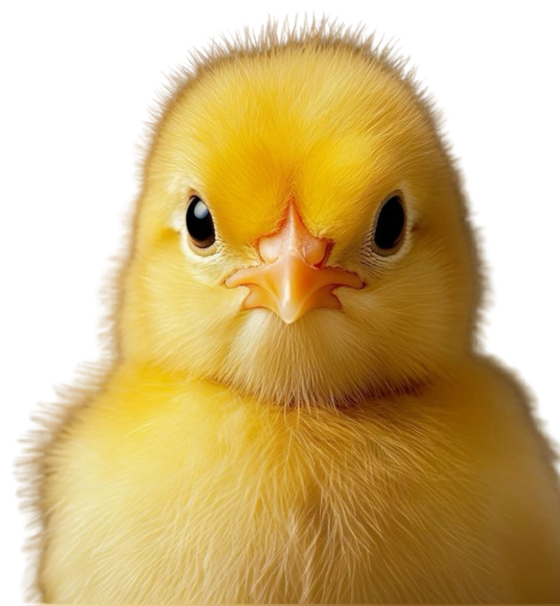 Close-up of a yellow chick with black eyes and a small beak, facing forward.