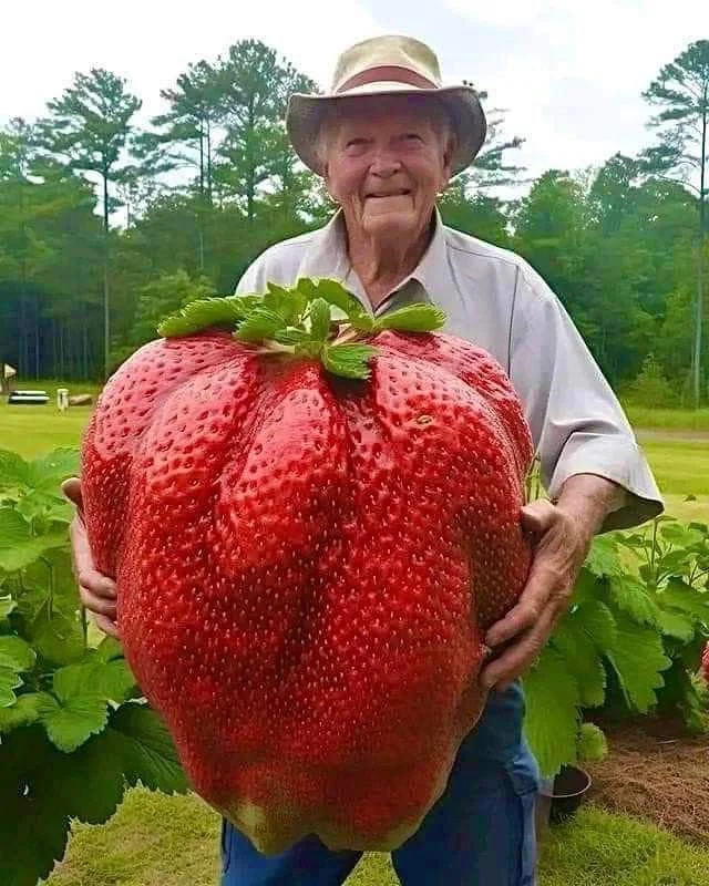 An elderly man in a wide-brimmed hat holding an enormous strawberry in a garden with trees in the background.