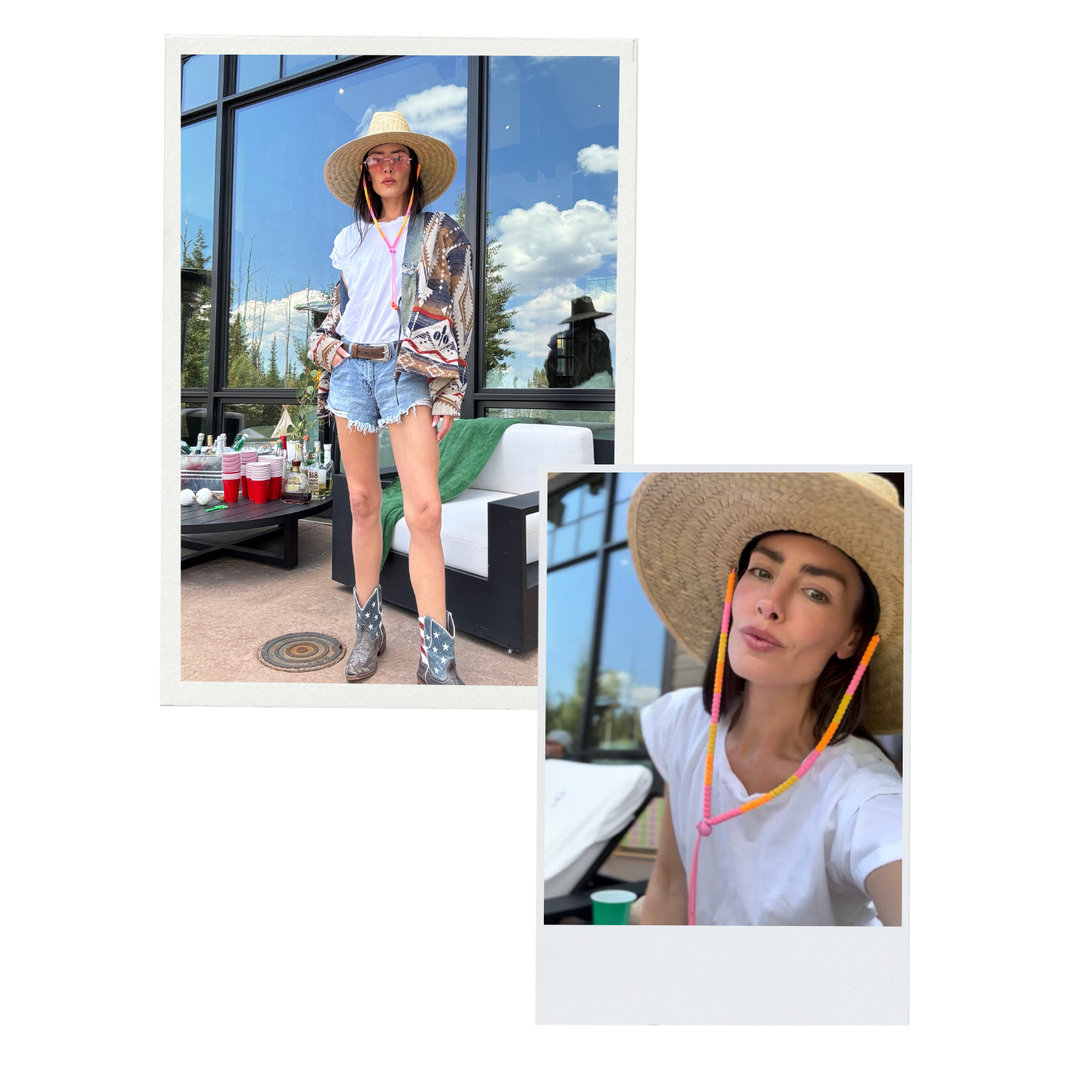 A woman wearing a large straw hat, white T-shirt, denim shorts, and cowboy boots stands outdoors near a glass building, with a table of drinks and cups behind her. Her makeup includes pink lipstick and she has colorful beads hanging from her ears. A second, smaller photo shows her taking a selfie, wearing the same hat and shirt, making a playful expression.