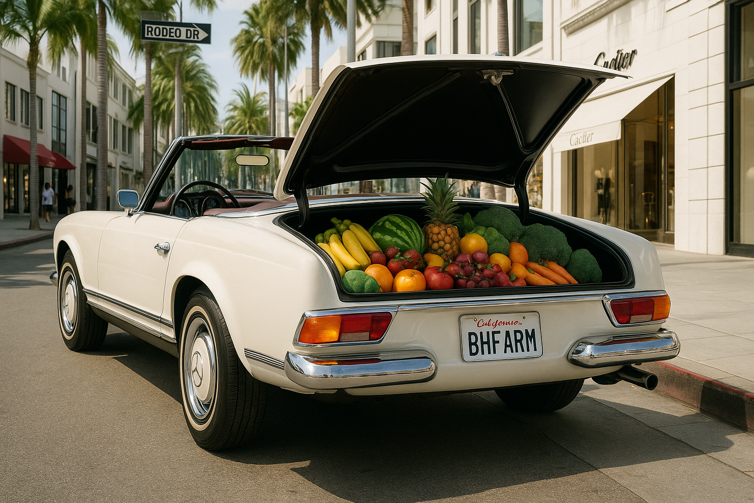 A white vintage convertible car parked on a city street with its trunk open, filled with fresh fruits and vegetables including a watermelon, pineapple, bananas, oranges, apples, broccoli, carrots, and grapes, under palm trees.