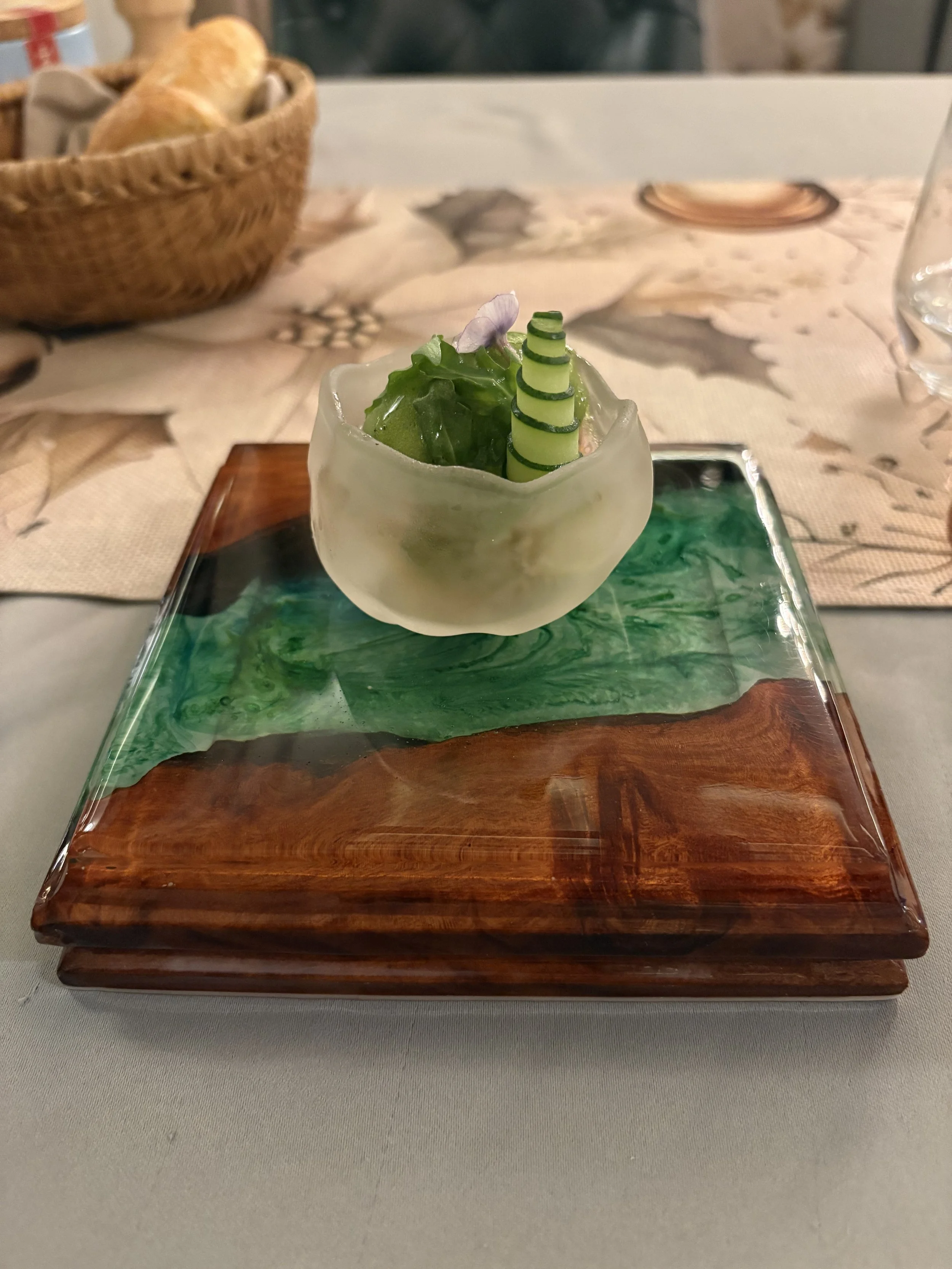 Marigold sorbet in a bath of sparkling wine.