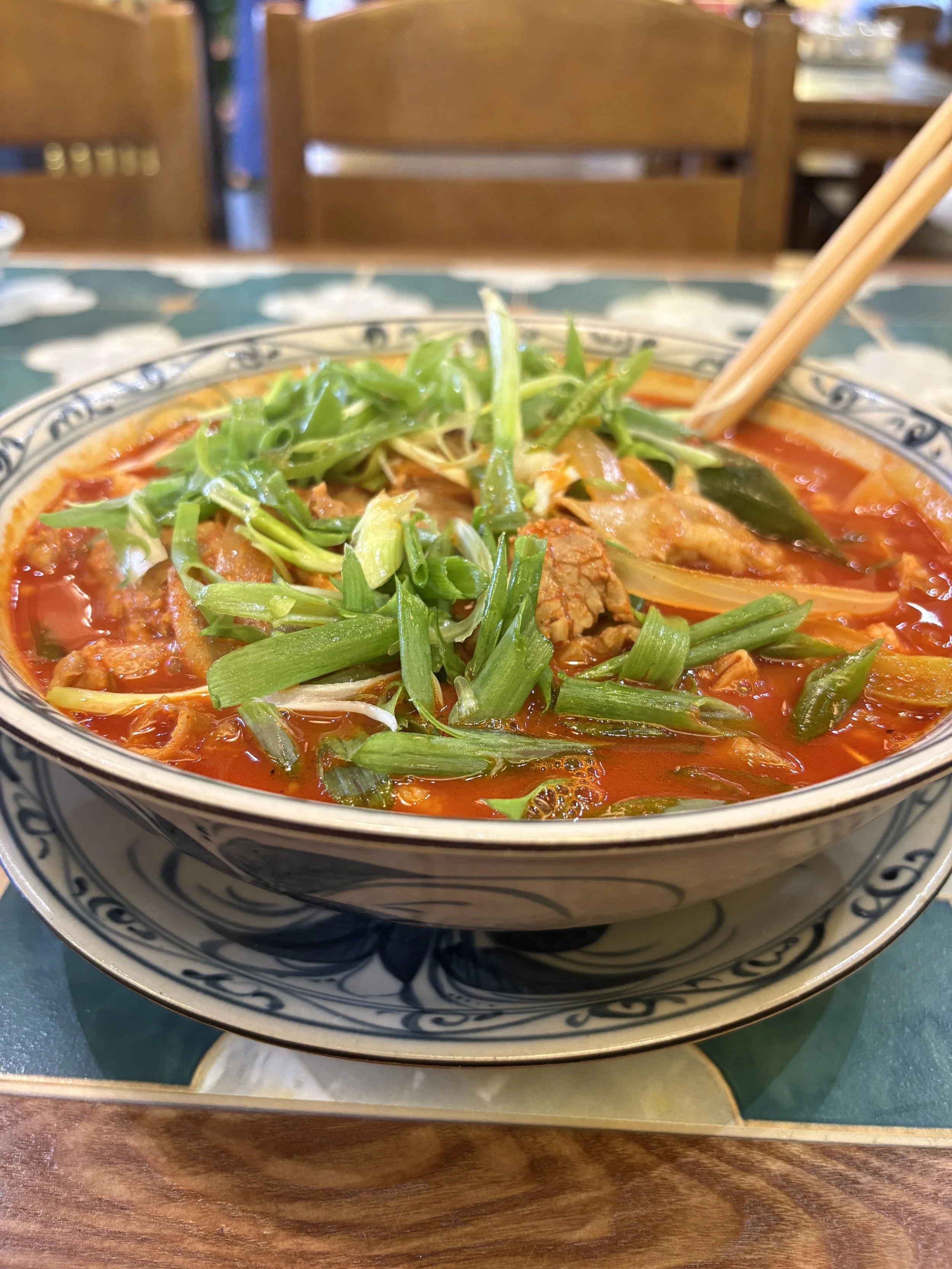 Spciy red pho with pork intestines from Da Nang, Vietnam.