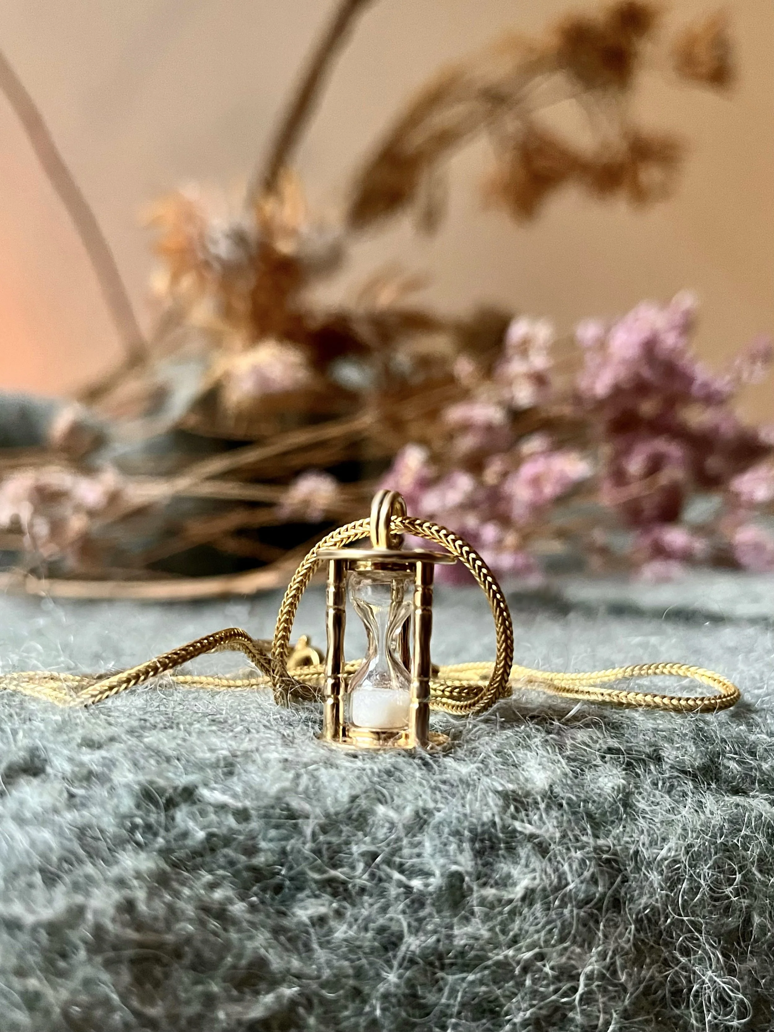 Sanduhr Kette, 585/- Gold, Fuchsschwanzkette, Plexiglas