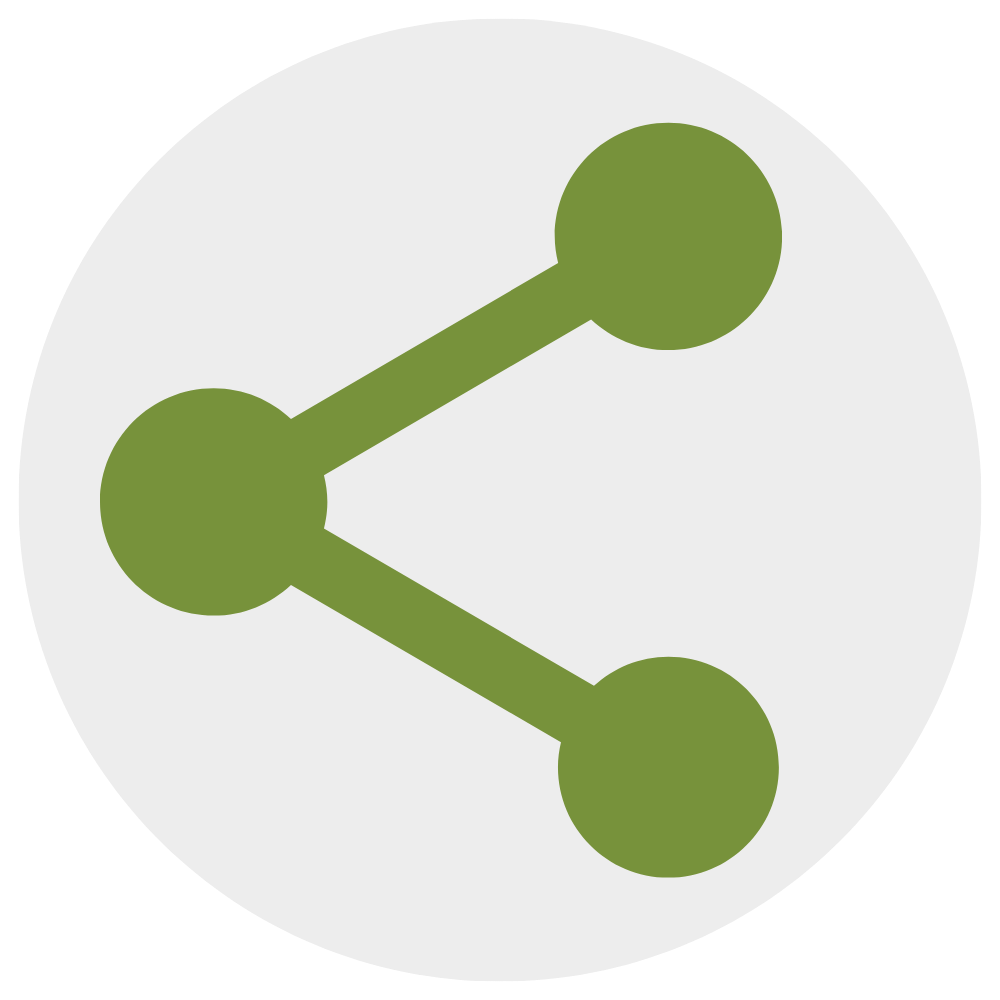 Green abstract icon of three connected circles and two connecting lines, resembling a network or sharing symbol.