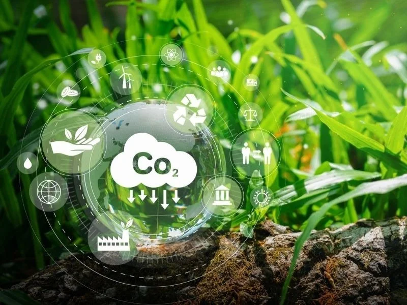Green plants in soil with an overlay of environmental icons and a cloud labeled 'CO2', emphasizing sustainability and environmental conservation.
