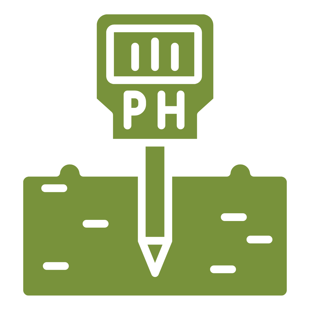 Icon of a clipboard above a pencil writing on a surface, with a pH symbol on the clipboard indicating pH testing.