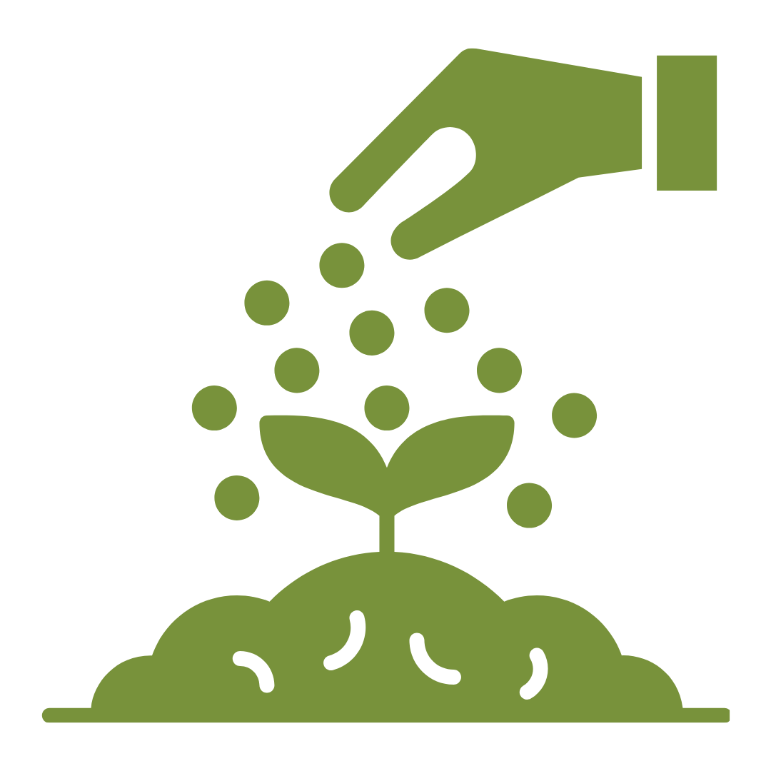Green icon of a hand planting seeds into the ground, with a small sprout growing.