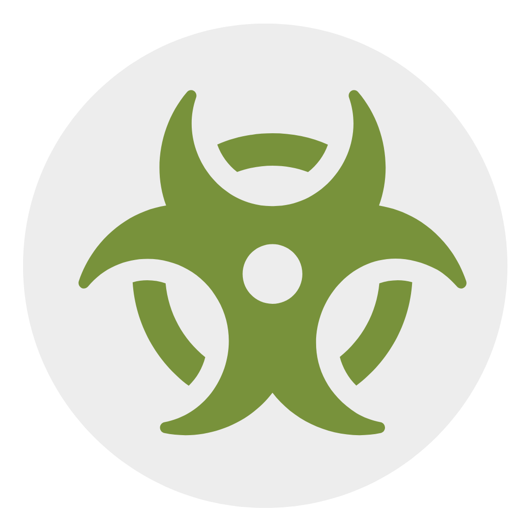 Biohazard symbol in green on a white circular background.