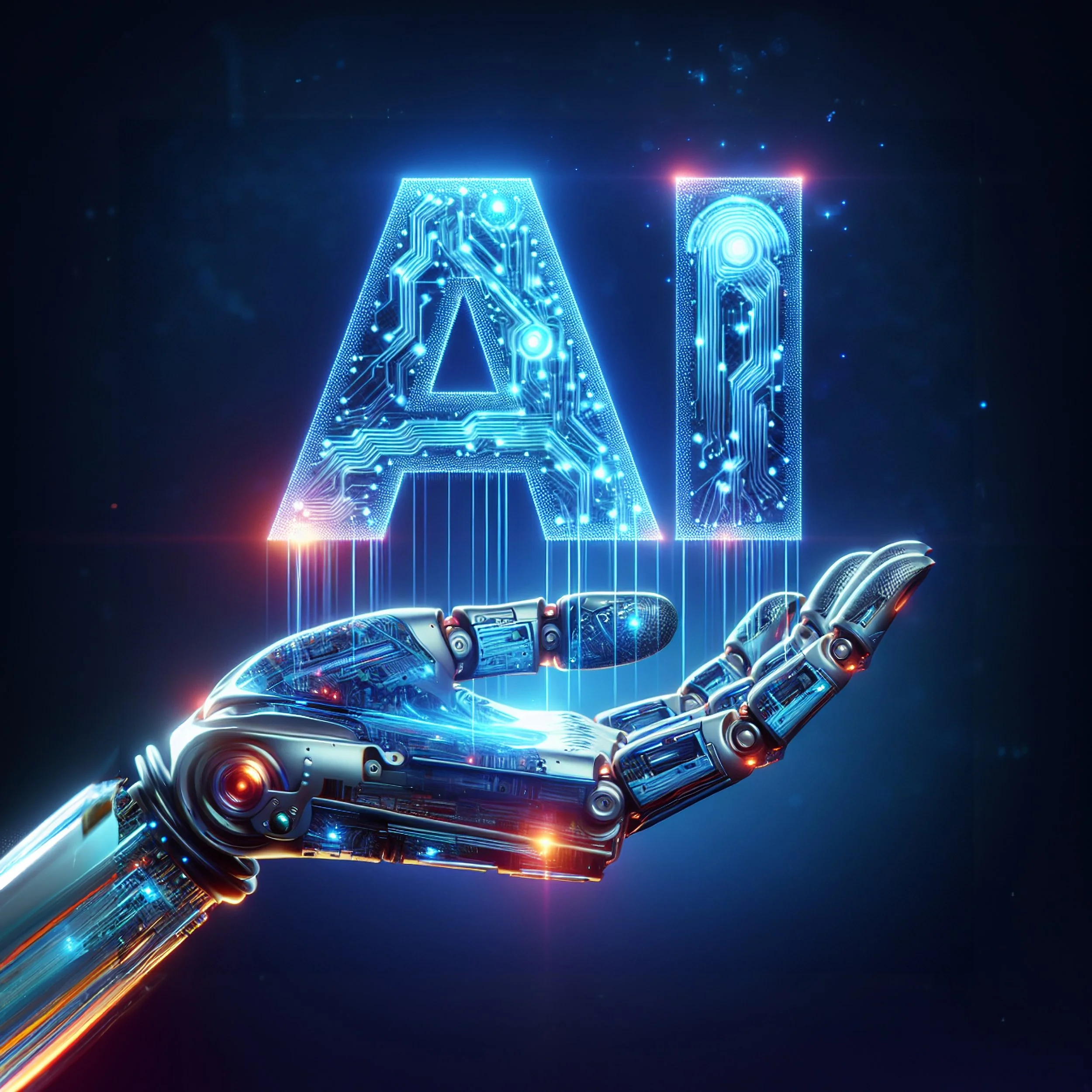 A digital robotic hand holding up glowing 3D digital text that says 'AI' with a futuristic background.