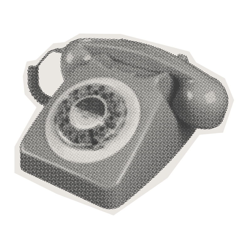 Black and white pixelated illustration of an antique rotary telephone with a sticker border.