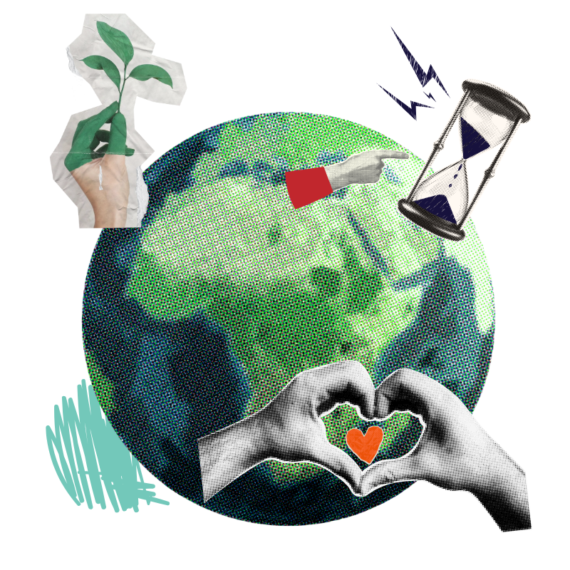 A collage featuring a globe, a pair of hands forming a heart shape with a small red heart inside, a paper hand holding a small plant, an hourglass, and a hand pointing to the globe. The collage emphasizes themes of environmental care, global unity, time, and sustainability.