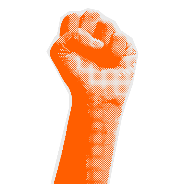 A stylized orange fist with a white outline against a black background.