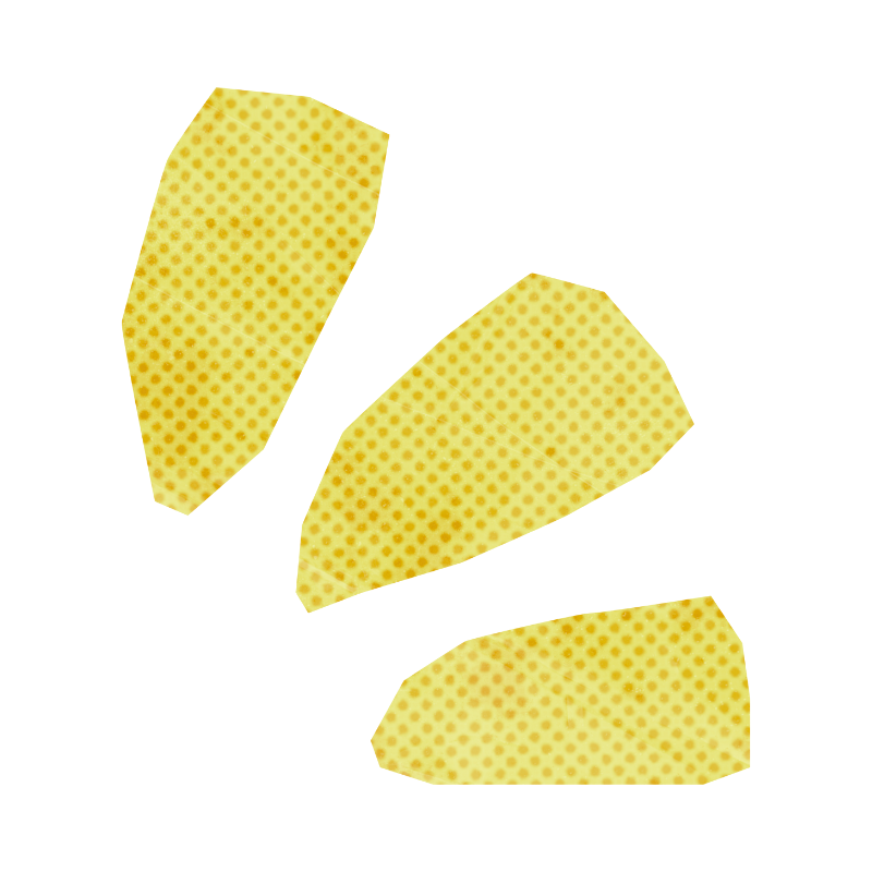 Three tortilla chips with yellow and brown dot pattern, on a black background.