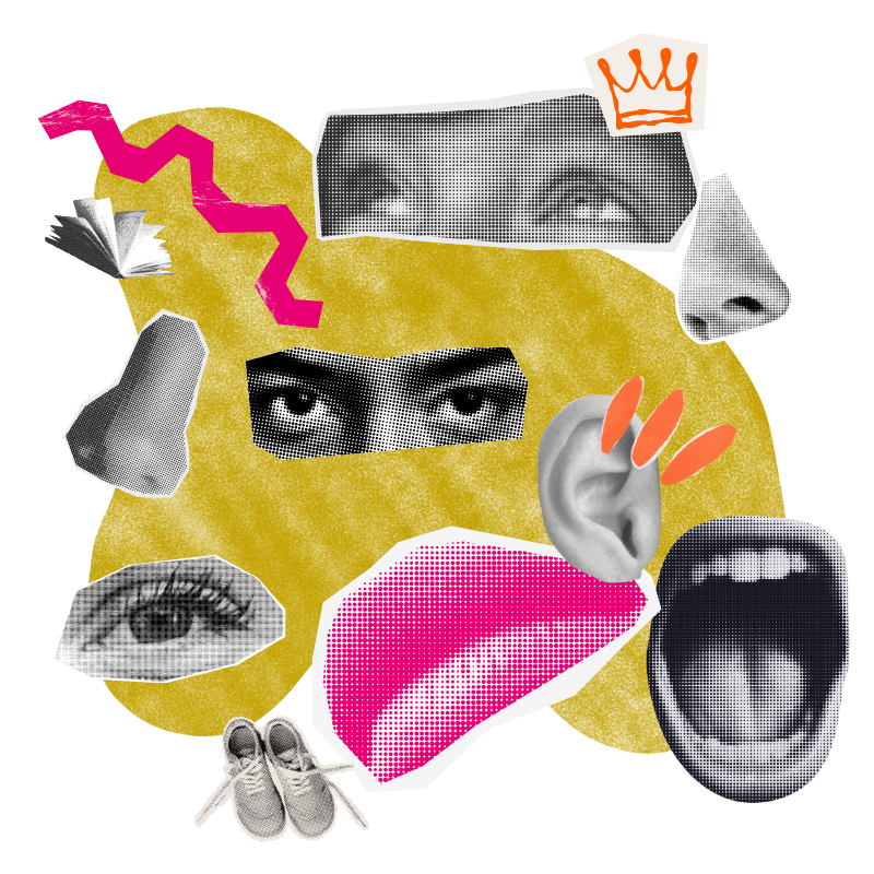 Collage of various black and white facial features, including eyes, nose, ear, mouth, and a hand with painted nails, arranged on a colorful background with abstract shapes and a small book.