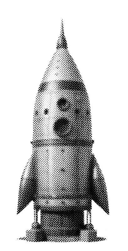 Black and white halftone illustration of a dog inside a rocket ship.