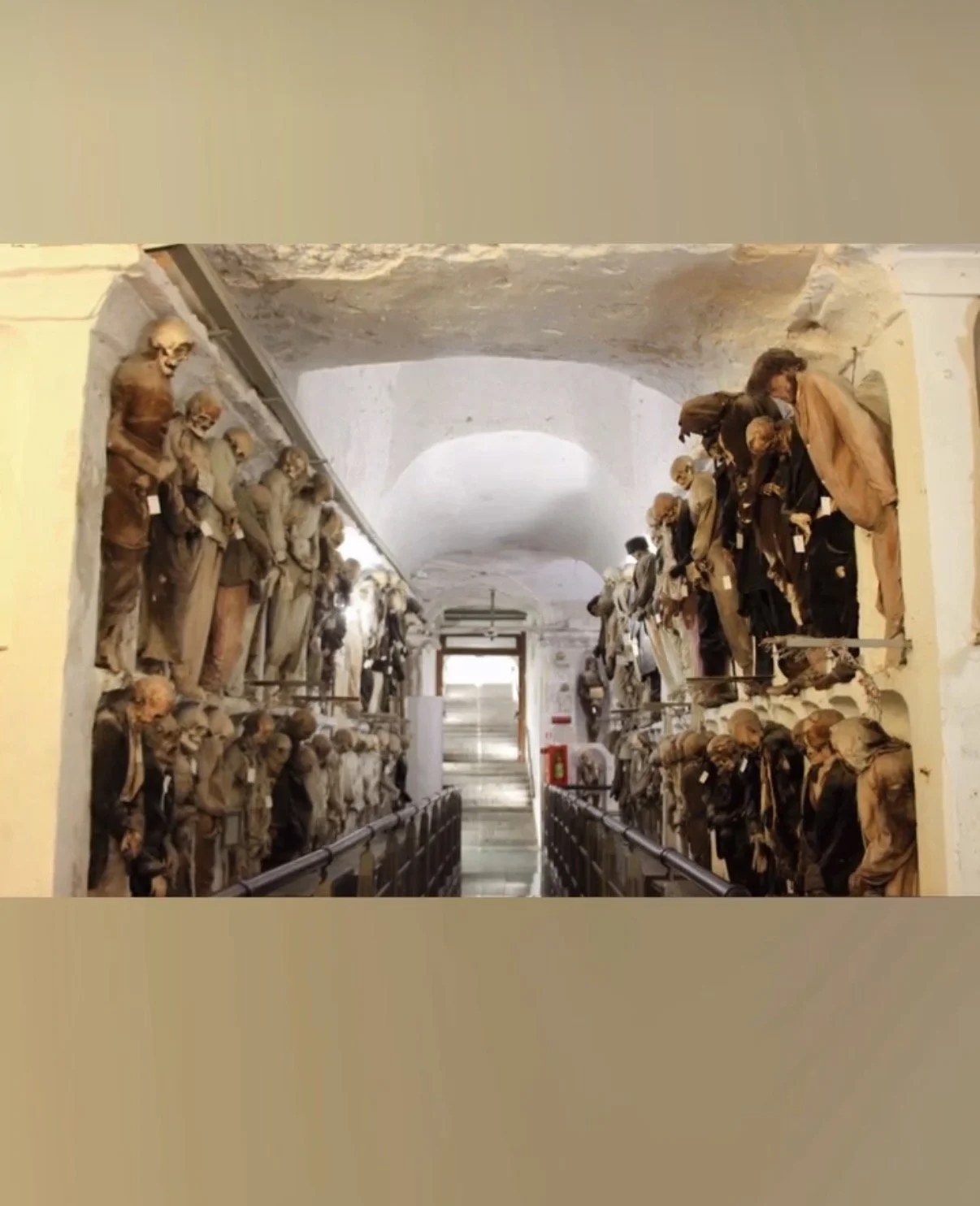 Hall view of bodies hanging in the catacombs