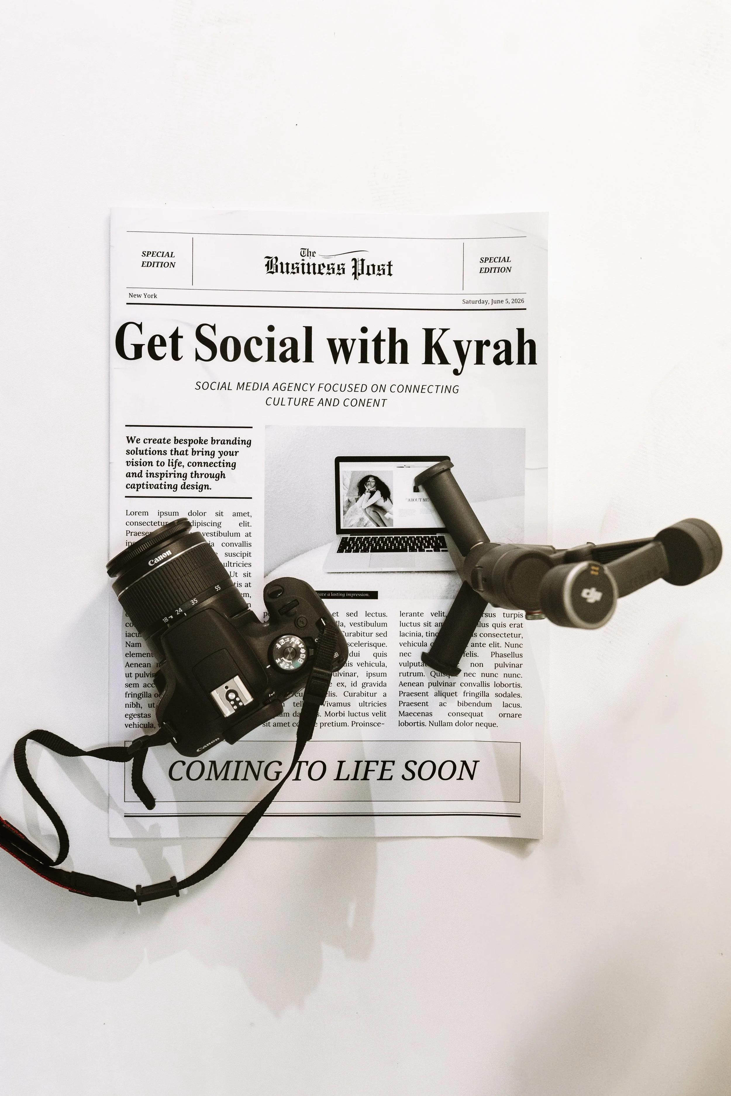 Photograph of a newspaper titled 'The Business Post' with a headline 'Get Social with Kyrah', a Canon camera, and an IPhone 15Pro on a DJI Gimbal on top of the newspaper on a white surface.