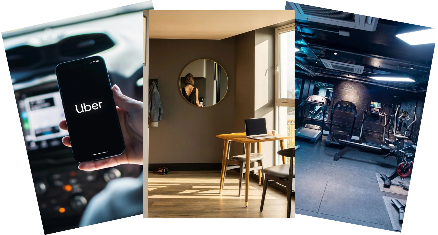 A collage of three images featuring Uber: a hand holding a smartphone with the Uber app logo, a cityscape at night with illuminated bridges and buildings, and a person riding a scooter with an Uber Eats delivery bag on their back.