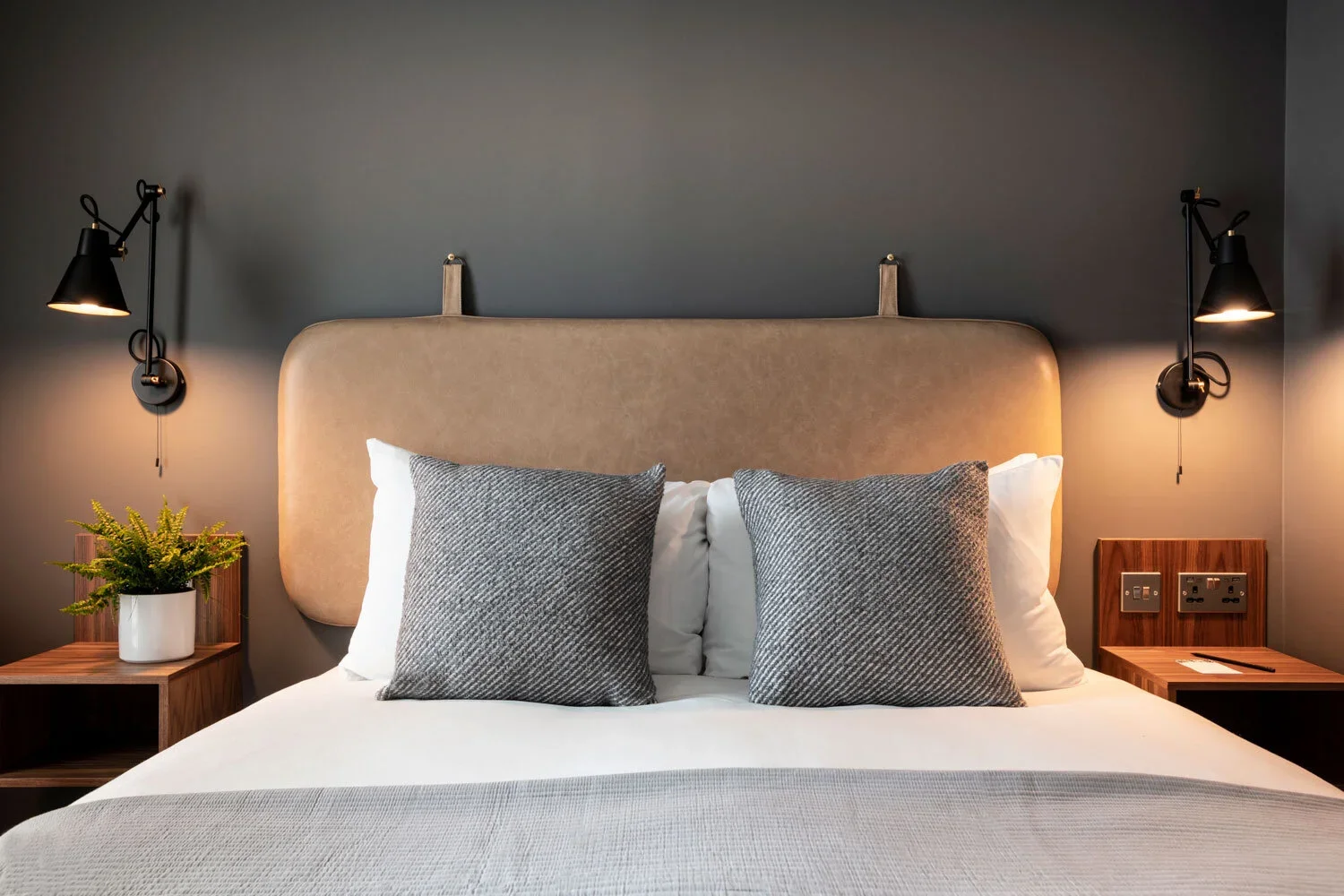 A neatly made bed with a padded beige headboard, two gray textured pillows, and white bedding. Two wooden nightstands with a potted green plant on the left and electrical outlets on the right. Black wall-mounted reading lamps are positioned above eac