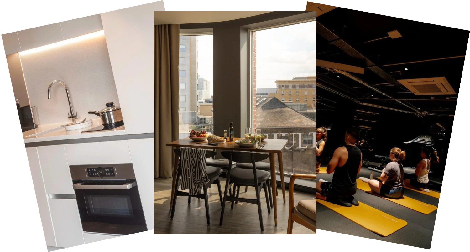 Three photos of a modern urban apartment: a rooftop patio with two women laughing, a stylish living room with large windows and contemporary furniture, and a cozy indoor lounge area with a white sofa, yellow pillows, and a table with wine glasses.