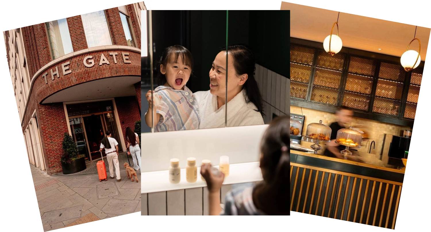 Interior of a modern cafe with a green bar counter and flower arrangement, exterior view of a tall brick building with rounded corners and large windows, city street scene with red double-decker bus and pedestrians, cozy outdoor seating area with white sofa, glass coffee table, and wine glasses.