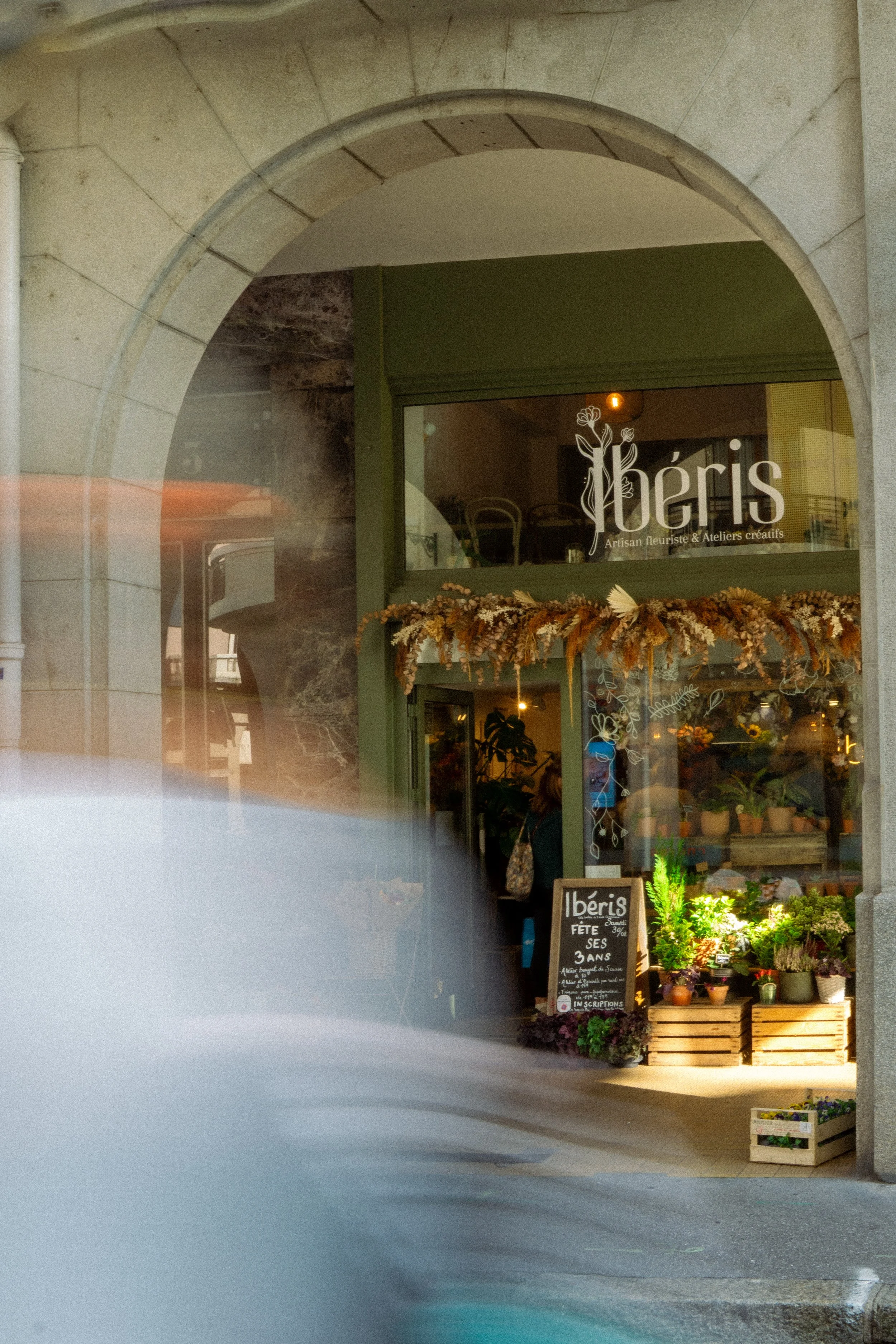 Vitrine d'une boutique de fleurs artisanales appelée 'Iberis', décorée avec des plantes en pots et des bouquets séchés, située dans un bâtiment en pierre avec une arche en façade.