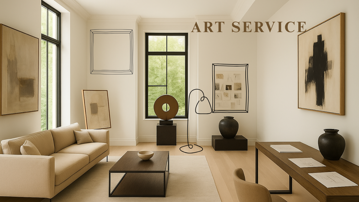 Modern art gallery with paintings and sculptures, beige sofa, wooden table, black vases, and large windows with greenery outside.