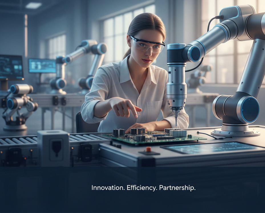 A woman in safety glasses working with robotic arms in a high-tech lab, inspecting a circuit board.