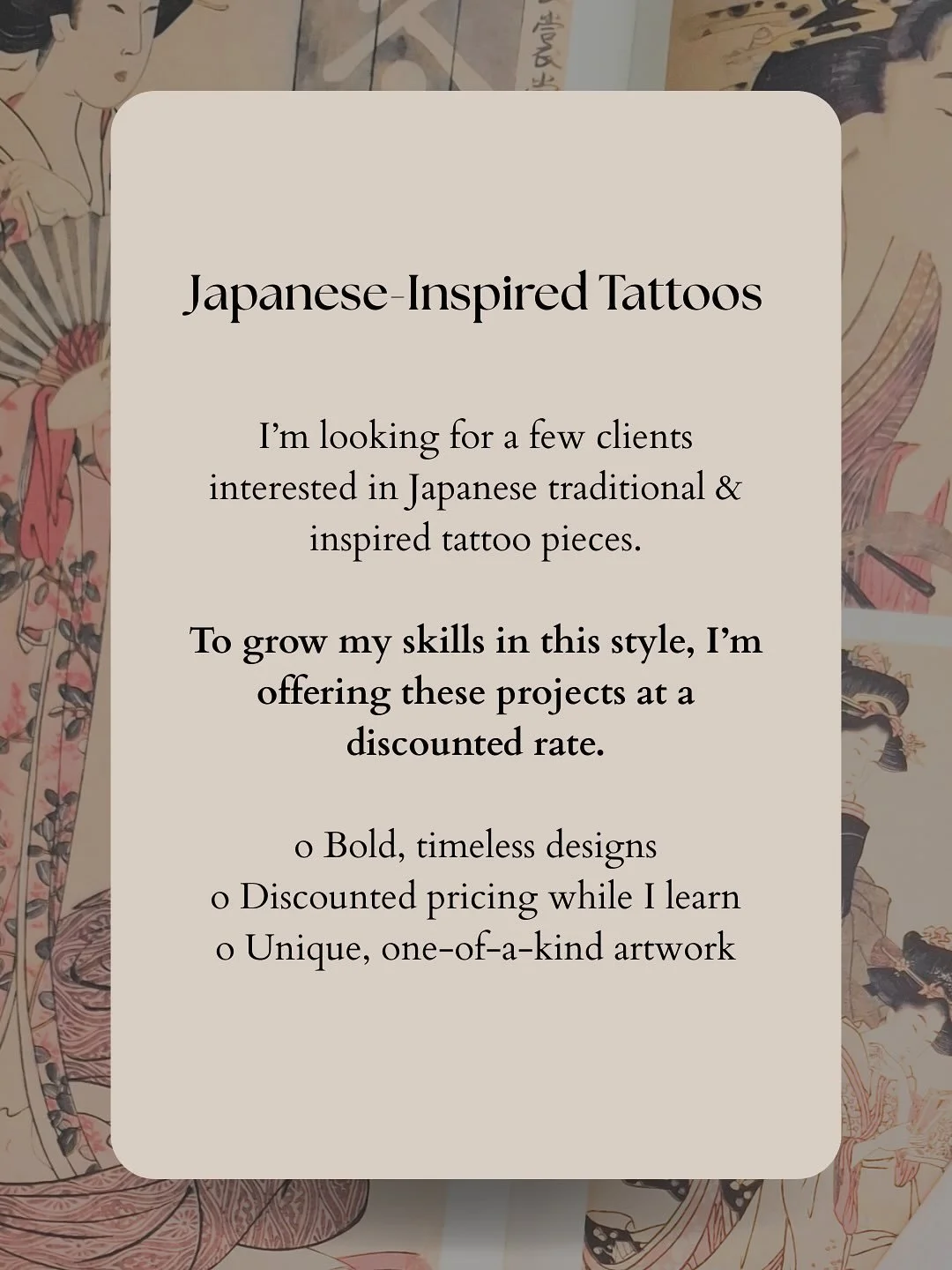 !! Looking for projects !!

- Currently doing lots of research into the history of Japanese and oriental tattooing and while I&rsquo;m learning, I want to open up some discounted spots for this specific style. 

- If you have any traditional or inspi
