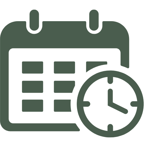 sage green calendar icon with clock icon joined at bottom right of image