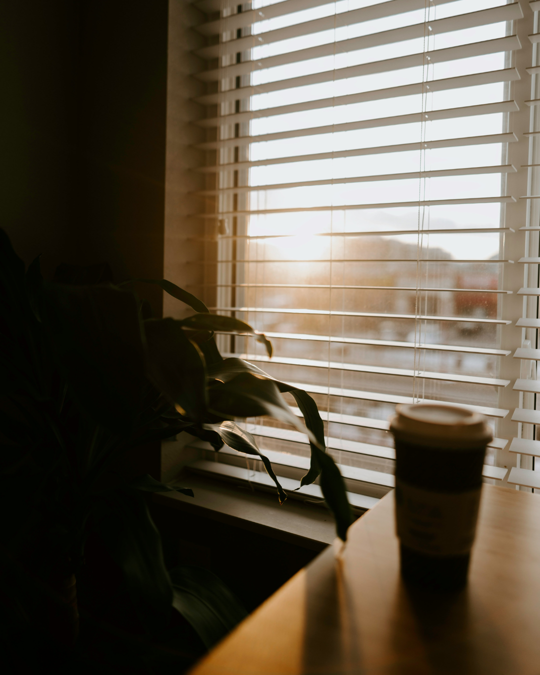 Takeaway coffee on desk with morning light through window blinds, start of business day