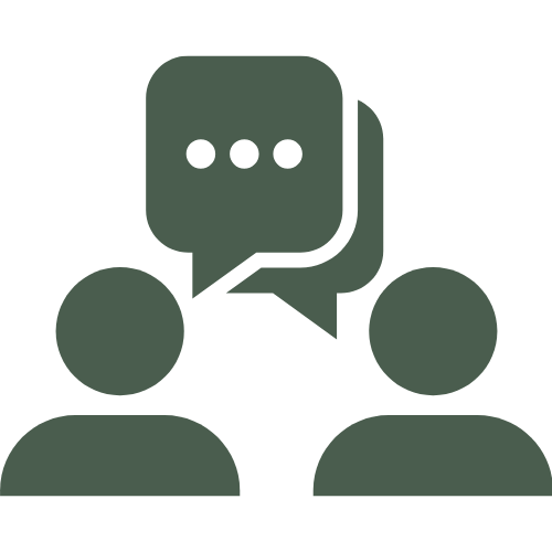sage green icon of two people with speech bubbles indicating talking to each other