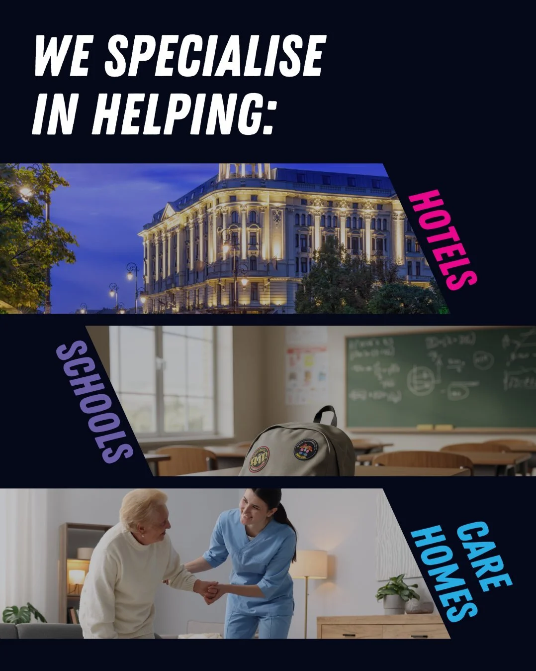 Every sector has different challenges &mdash; but they all need safe, compliant, well-maintained buildings.

We specialise in supporting:
🏨 Hotels
🏫 Schools
🏡 Care Homes

With expert facilities management that keeps people safe and businesses runn