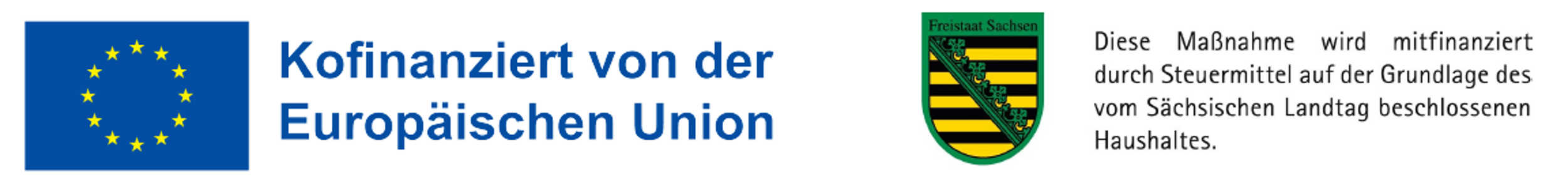 European Union flag with circle of yellow stars on a blue background, and a German text indicating co-financing by the European Union and a coat of arms of Saxony, Germany.