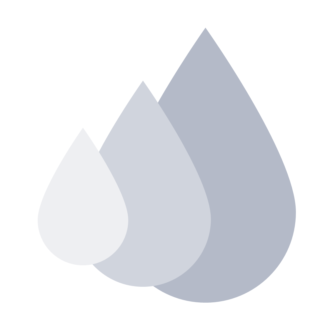 Three overlapping water droplets in shades of white, gray, and blue.