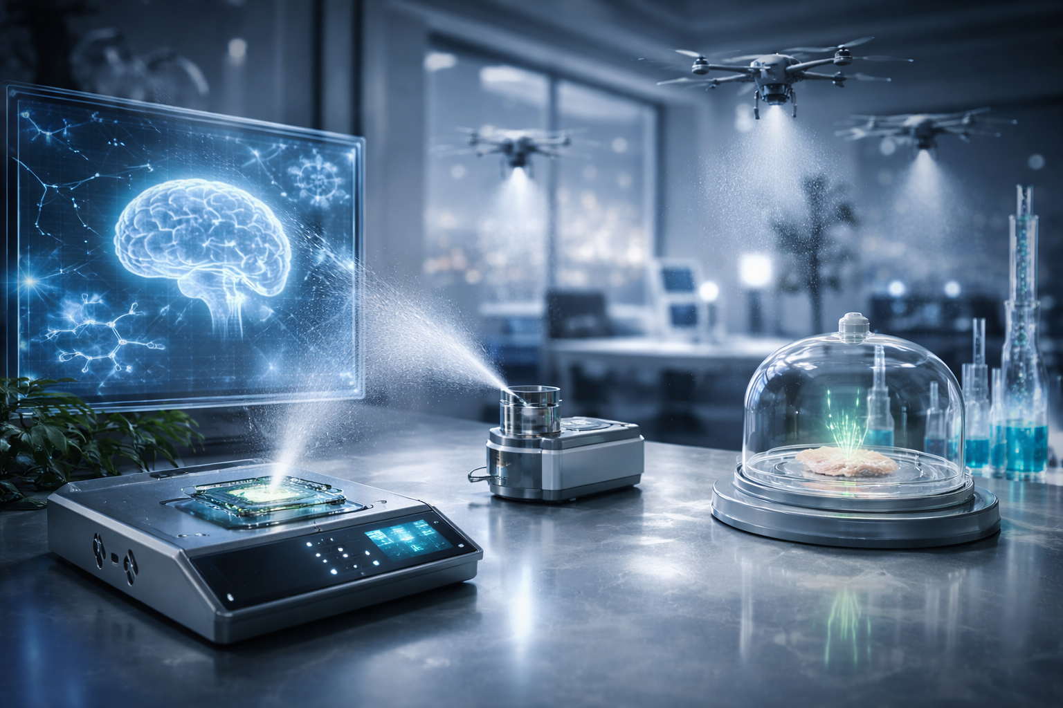 Laboratory with scientific equipment, including holographic brain display, drones, and glass dome with tissue sample