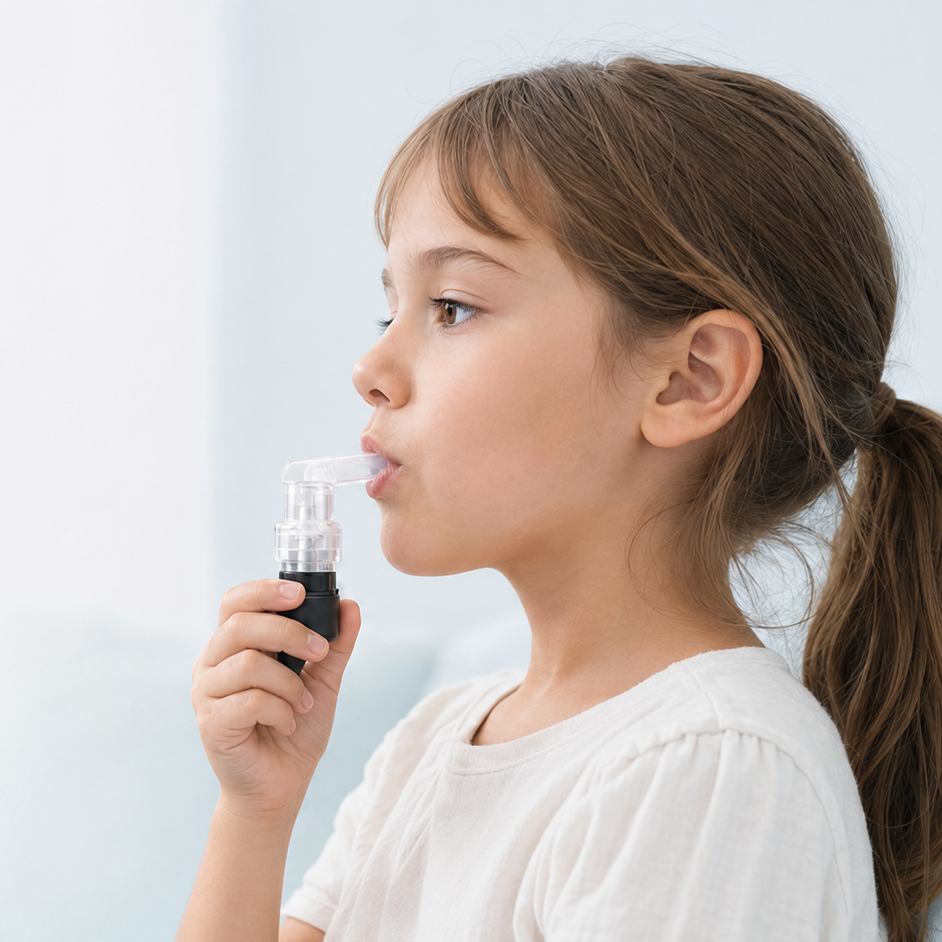 Young girl using a nebulizer inhaler.