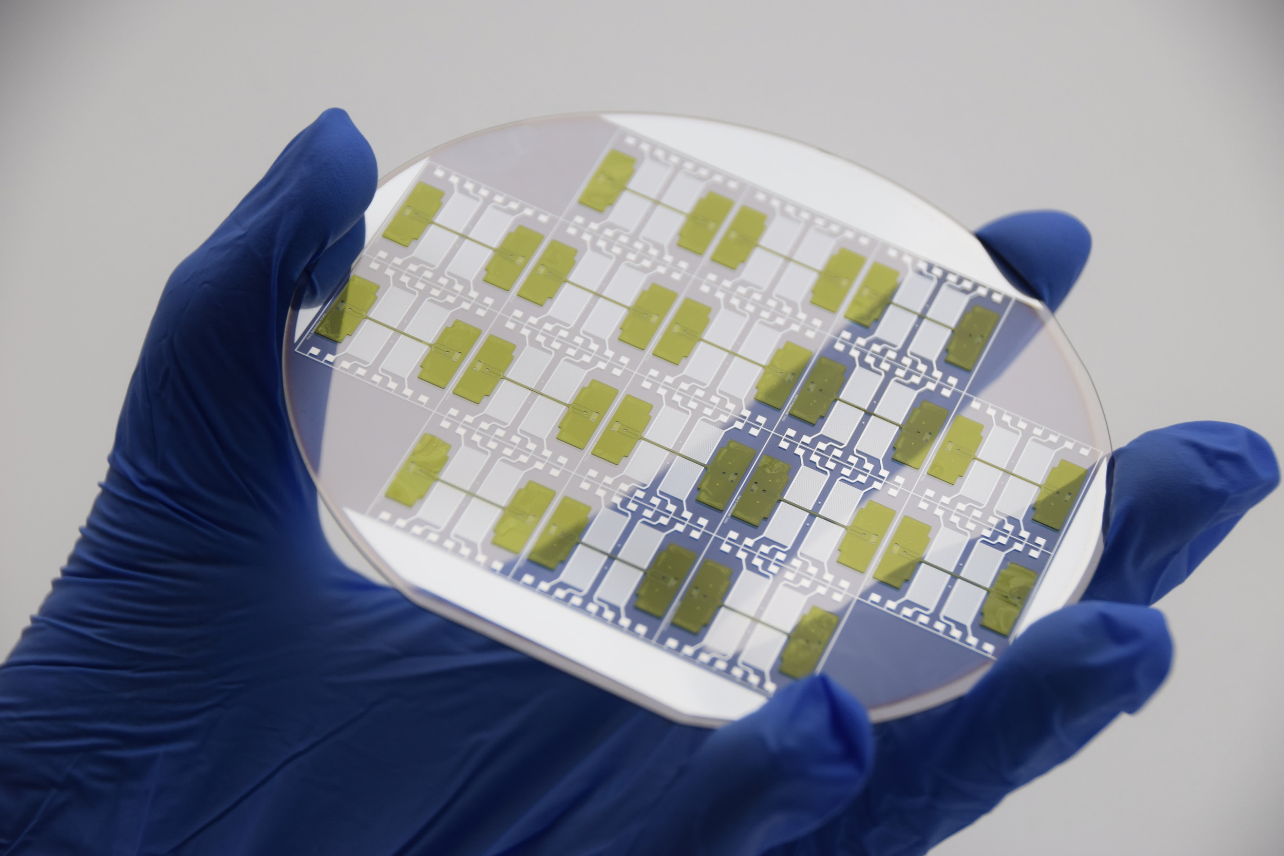 Person wearing blue gloves holding a transparent silicon wafer with microelectronic circuits.