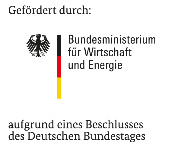 German government grant logo from the Federal Ministry for Economic Affairs and Energy with the German eagle emblem and vertical red, black, and yellow stripes, supporting a decision of the German Bundestag.