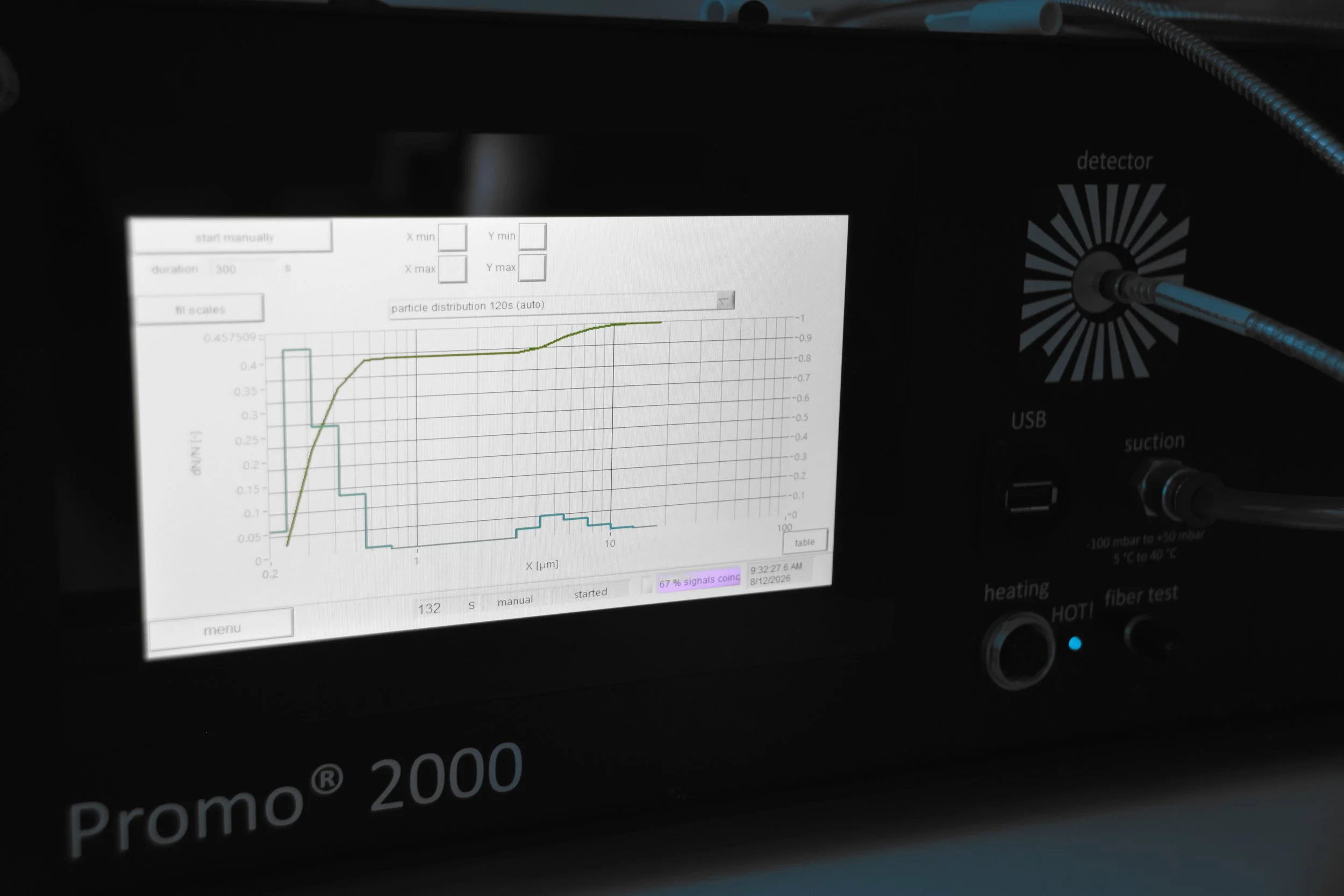 A computer screen displays scientific data and graphs related to particle distribution, with controls for experiment settings, on a black background.