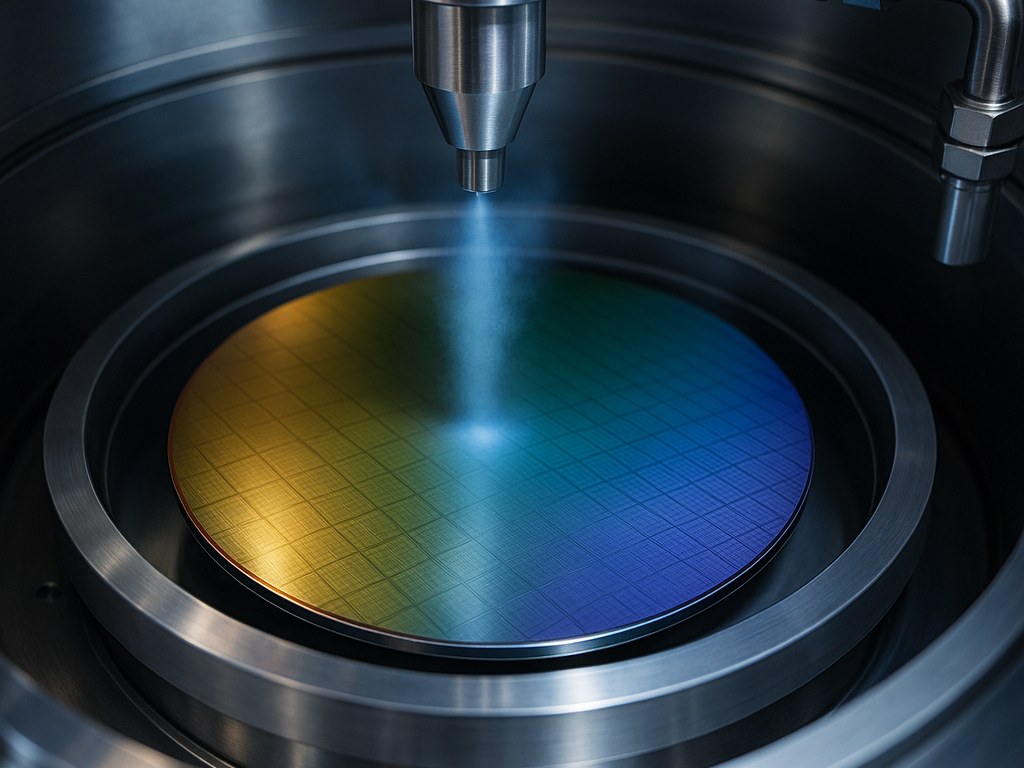 Close-up of a semiconductor wafer being inspected by a precision machine in a cleanroom environment.