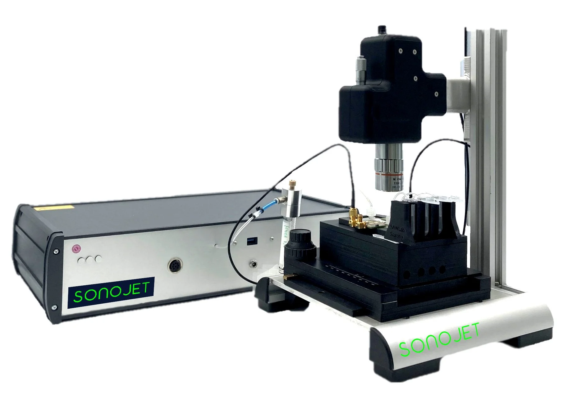Laboratory setup featuring a Sonojet device with a probe, sensors, and a black holder, used for scientific experiments or research.