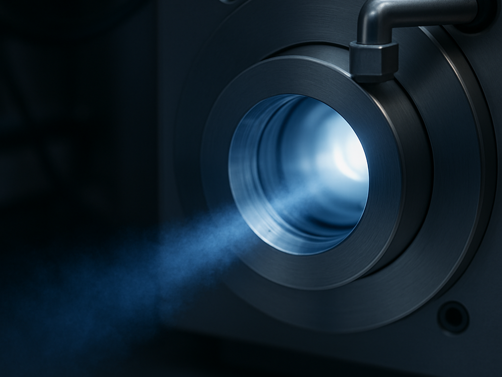Close-up of a machine emitting a blue laser or light beam through a circular opening.