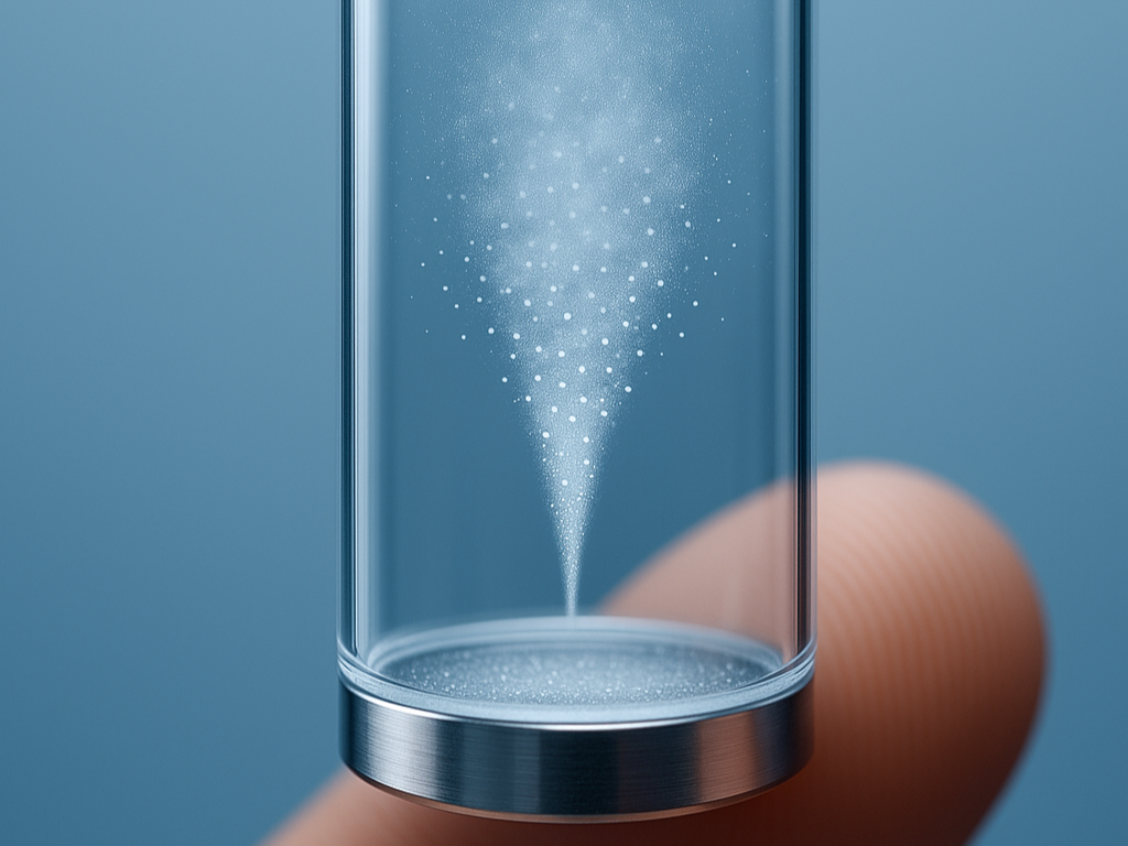 A person's finger is holding a transparent cylindrical container with a metallic base. Inside, a small amount of powdered substance is spraying out from the center, creating a stream of tiny particles.