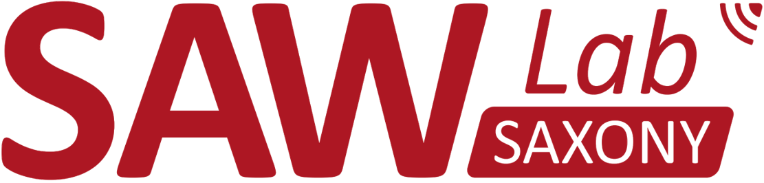 Logo for SAW Lab Saxony with text in red and black, featuring stylized text and design elements.