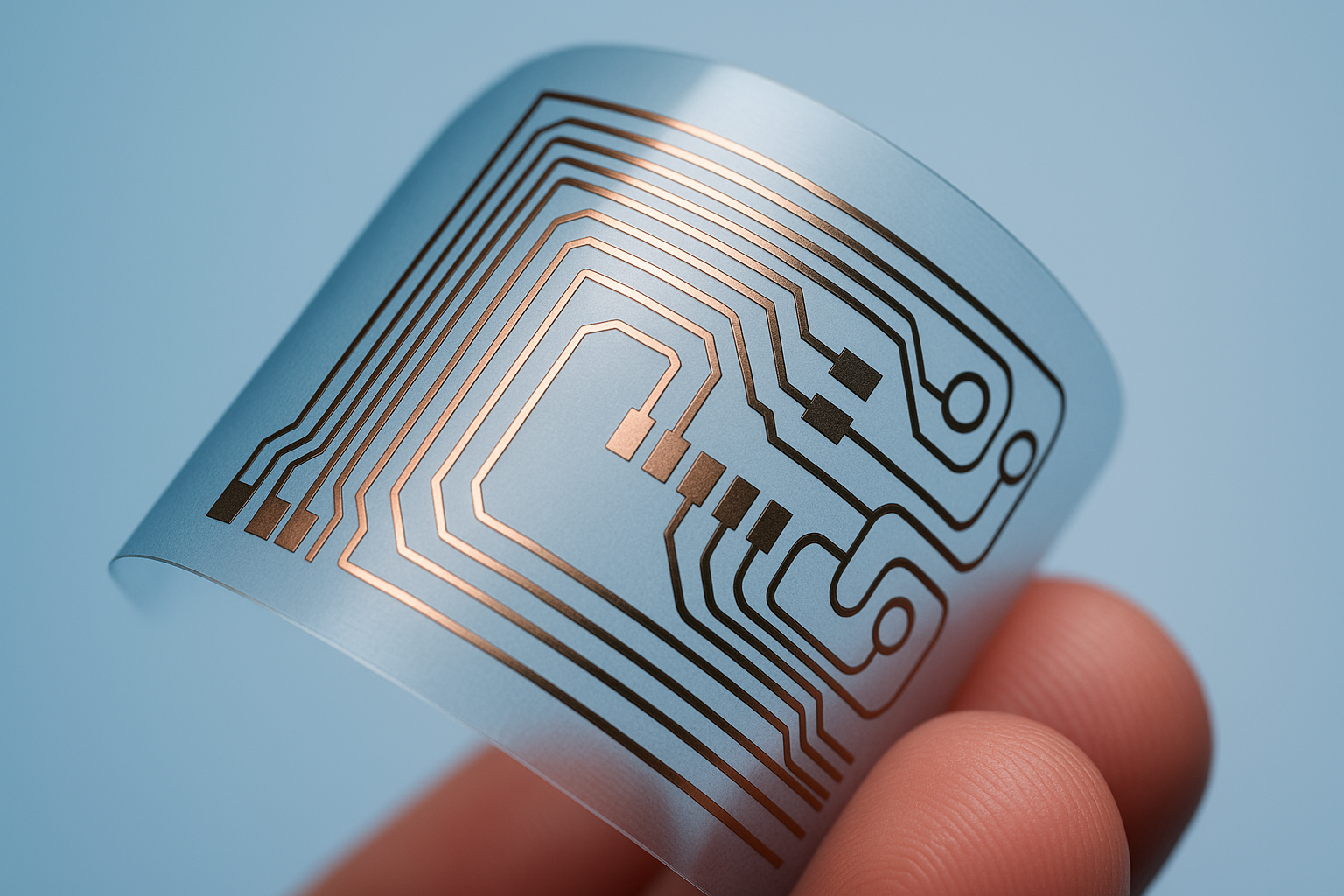 Close-up of a flexible electronic circuit printed on a curved surface, held between fingers.