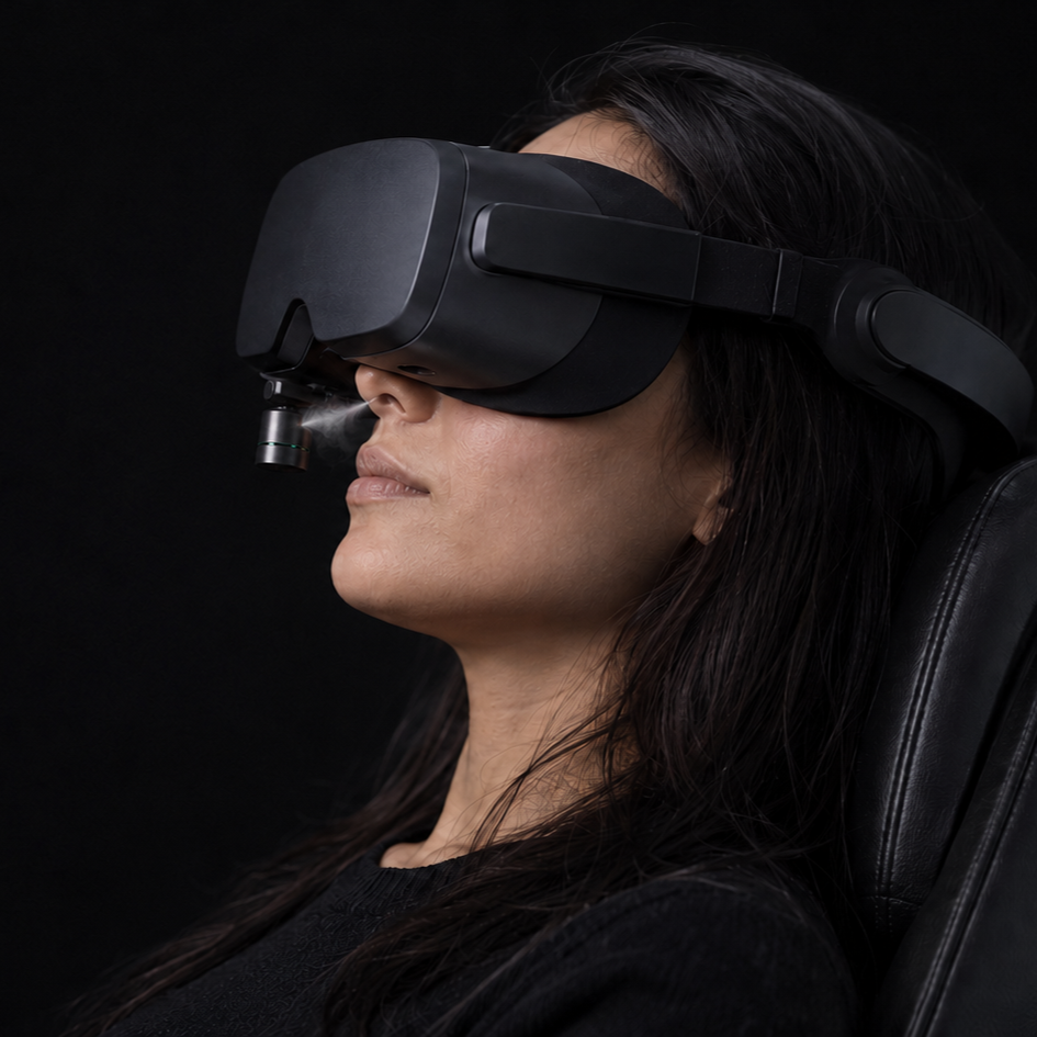 Woman using a virtual reality headset while seated in a black chair.